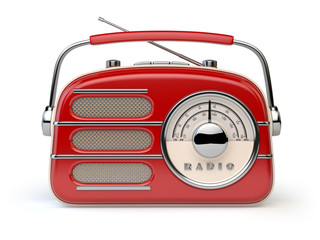 Red vintage retro radio receiver isolated on white.