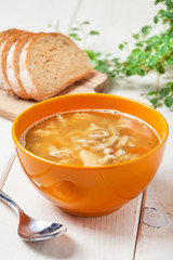 Traditional polish tripe soup with vegetables.