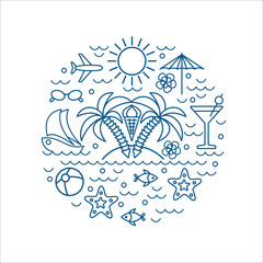  I love summer, palm trees, vector summer and vacation poster or print for t-shirt in trend linear style - illustration with icons.