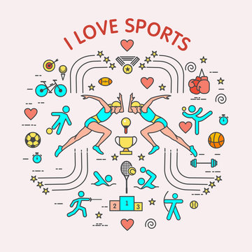 I love the sport. Sports infographics. The set of elements and icons for print on t-shirts. Different types of sports