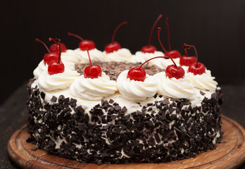 Black Forest cake on a dark background
