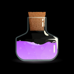 Purple elixir in the glass bottle with stopper game icon.