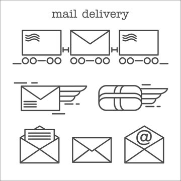 Mail. Letter, parcel, mail. E-mail. Fast delivery of letters. Set of vector icons