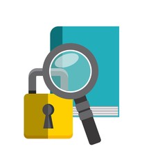 Book, lupe and padlock icon. Copyright design. Vector graphic