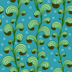 Fototapeta na wymiar Underwater seamless abstract plant pattern. Blue, green and white colors. Bubbles floating and grass growing upwards. Eps 10