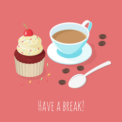 Isometric coffee and cupcake.