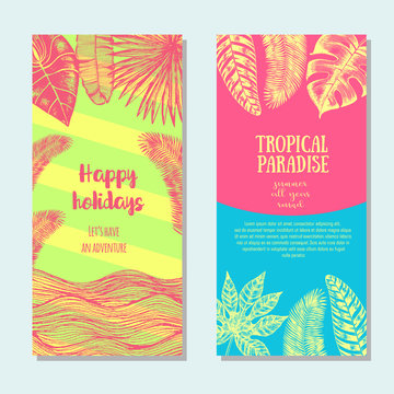 Tropical palm leaves bright flyer set. Vertical travel banners. Vector illustration drawn in ink.