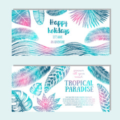Fototapeta na wymiar Tropical palm leaves bright flyer set. Horizontal travel banners. Vector illustration drawn in ink.