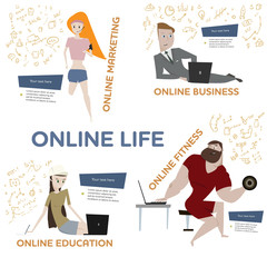 Cartoon people with laptops vector set. Online life community co
