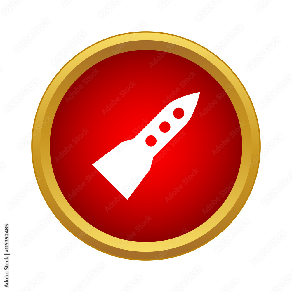 Poster flight rocket icon in simple style in red circle. research and science symbol
