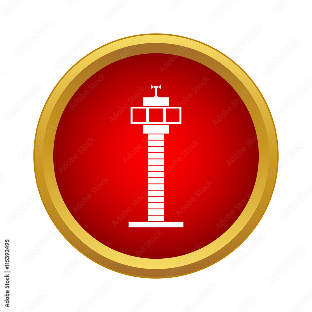 Poster radio tower icon in simple style in red circle. communication symbol