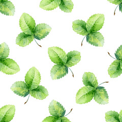 Seamless pattern with green strawberry leaf