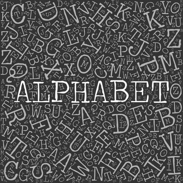 Alphabet theme with letter pattern on the background. Light vector letters with highlighted word Alphabet in typewriter font on dark grey background.