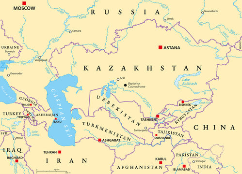 Caucasus and Central Asia political map with countries, their capitals, national borders, important cities, rivers and lakes. English labeling. Illustration.