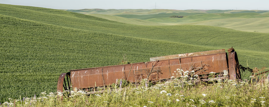 Farmland with an old piece of equipment rusted