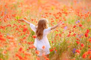 Naklejka na ściany i meble Young beautiful girl walking and dancing through a poppy field,
