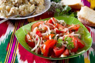 Fresh salad with tomatoes, onions and coriander - Achik-chuchuk.