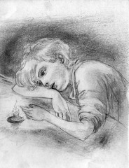 Pencil drawing of a pensive boy who sits at the table and looks at the candle flame.