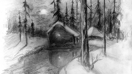 The winter landscape. House in the woods. Winter. Evening.Image of a human eye close-up. Pencil drawing.