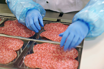 Close-up of industrial salami production process in protective atmosphere