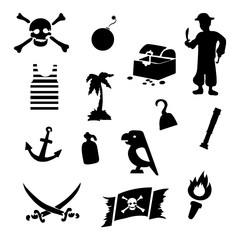 Vector black pirates icons set on gray background