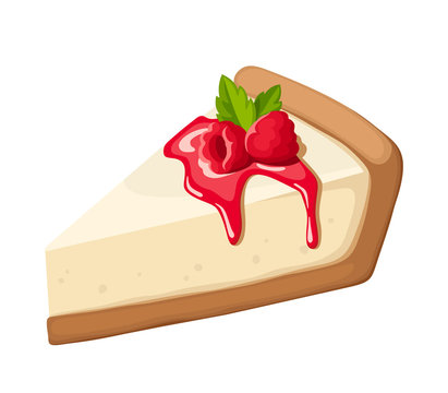 Vector piece of a cheesecake with raspberry, jam and mint leaves isolated on a white background. 