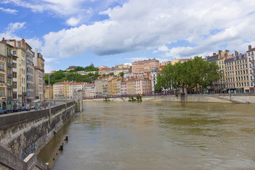 View from river Sona to the bridge and Lyon city, France