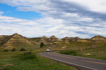 Visitor car in Theodore Roosevelt National Park, North Dakota, USA