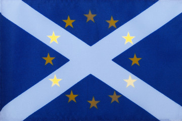 The flag of the European Union superimposed on the Scottish saltire flag signifying Scotland's wish...