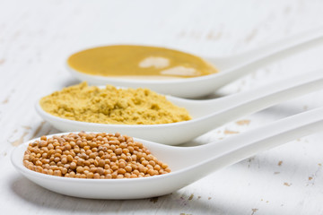 Different types of mustard: powder, seeds, spicy cream. Selective focus