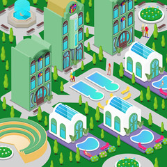 Isometric Luxury Hotel Building with Swimming Pool, Fountain and Green Garden. Vector illustration