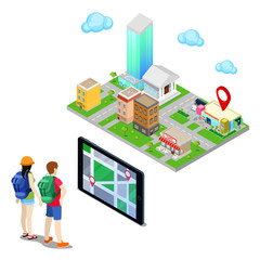 Isometric Mobile Navigation. Tourists Searching Supermarket in the City. Vector illustration