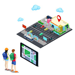 Obraz premium Isometric Mobile Navigation. Tourists Searching Supermarket in the City. Vector illustration