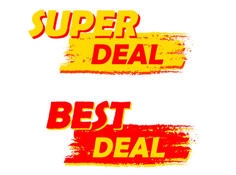 super and best deal, yellow and red drawn labels, vector
