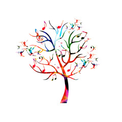 Fototapeta premium Colorful music tree with music notes and hummingbirds