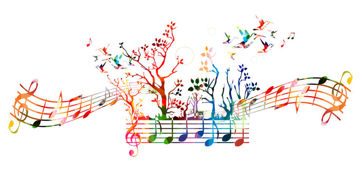Colorful music background with music notes and hummingbirds