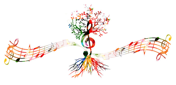 Colorful music background with G-clef tree