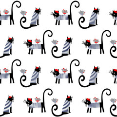 French style dressed animals seamless pattern. Cute cartoon parisian cats and birds vector illustration. Cute design for print on baby's clothes, textile, decor. - 115401455