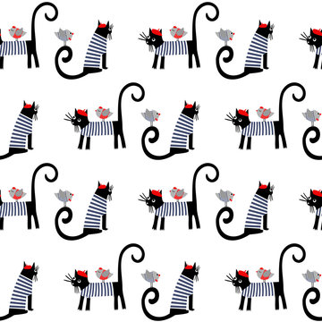 French style dressed animals seamless pattern. Cute cartoon parisian cats and birds vector illustration. Cute design for print on baby's clothes, textile, decor.