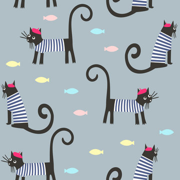 Cute cartoon parisian cats and fish vector background. French style dressed animals seamless pattern. Cute design for print on baby's clothes, textile, decor.