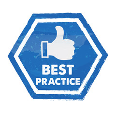 best practice with thumb up sign in blue grunge hexagon, vector