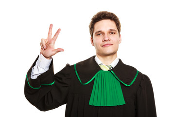 Male lawyer show sign with hand.