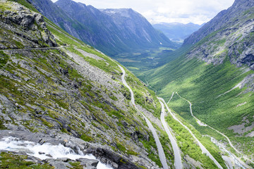 The Trollstigen road between the mountains, Norway. The most winding and dangerous road in Europe.
