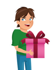 flat design boy holding gift icon vector illustration