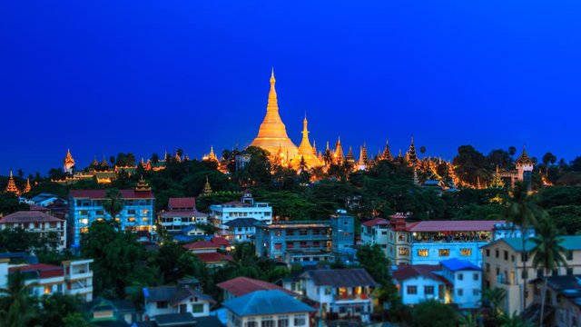 Shwedagon Golden Pagoda Outstanding Above Yangon Cityscape Day To Night Time Lapse Of Yangon City Myanmar