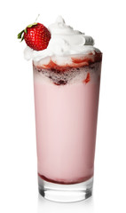 Delicious milkshake with strawberry, isolated on white