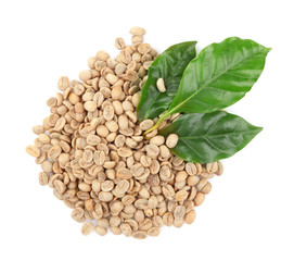 Coffee beans and green leaves, isolated on white