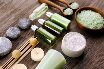 Spa treatment on wooden background