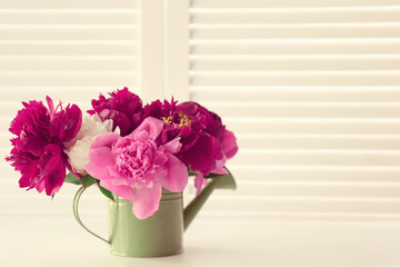 Beautiful peony flowers on white folding screen background