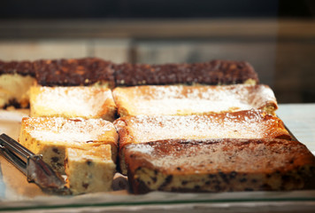 Cottage cheese casserole with raisins in oven tray